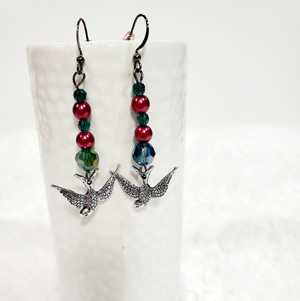 2/$10 Boho Style Earring Bird Charm Pink/Teal/Slv